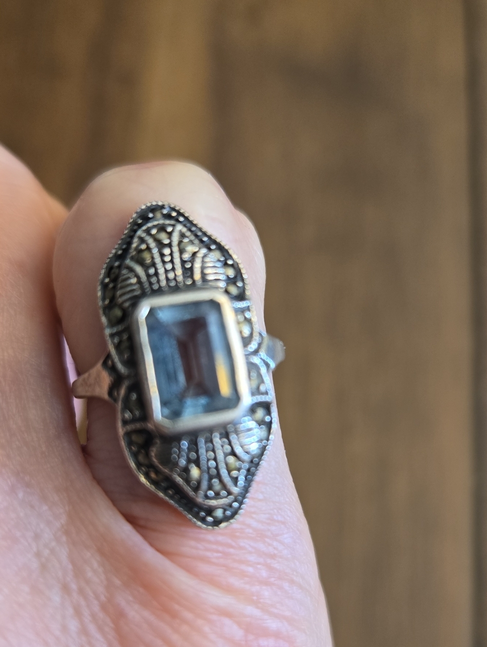 Sterling Silver Marcasite Ring with Aquamarine Stone